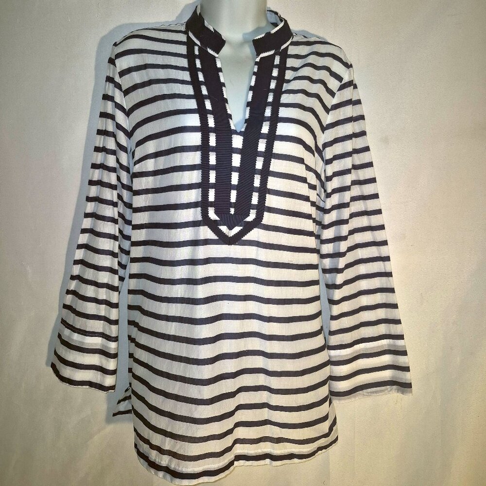 Saint Tropez West cotton blouse, blue and whited stripes in size Large
